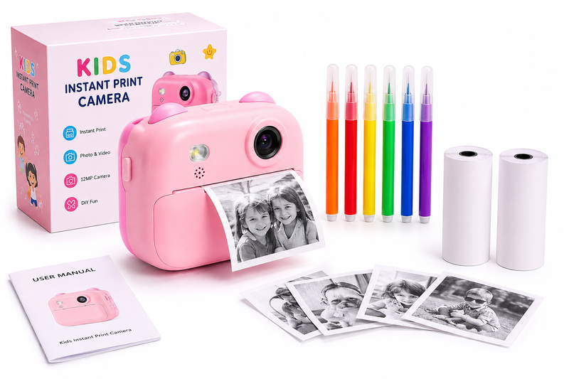 Kids Instant Print Camera with Thermal Printing, 12MP, 2 Paper Rolls & Color Pens