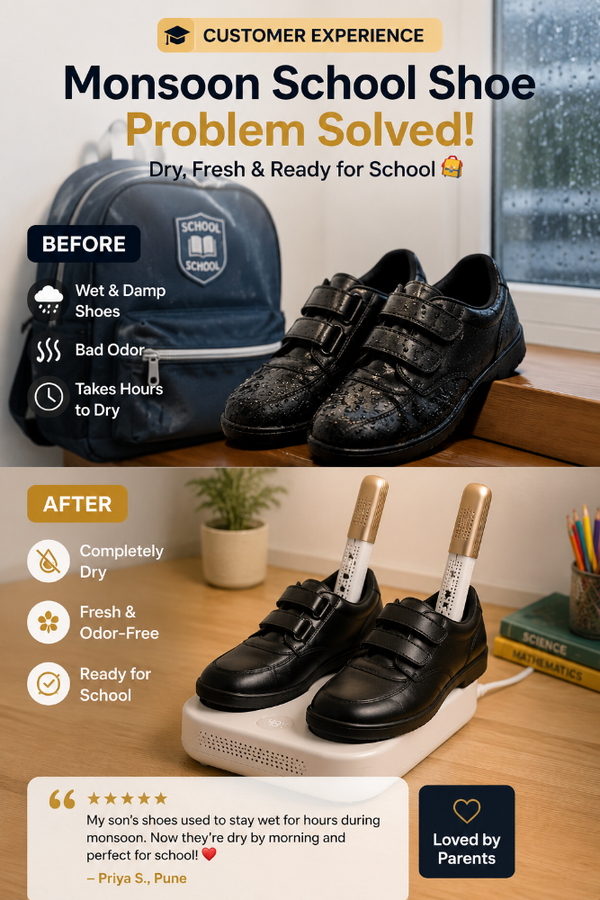 Monsoon season was the reason I bought this. My son's school shoes used to stay wet for hours. We've been using this every night and it's honestly become part of our routine now